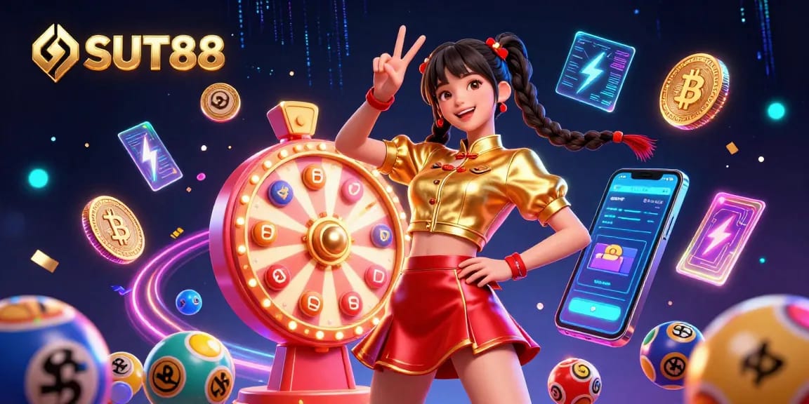 SUT88 showcases vibrant casino excitement with a stunning woman celebrating amid neon thrills and crypto elements.