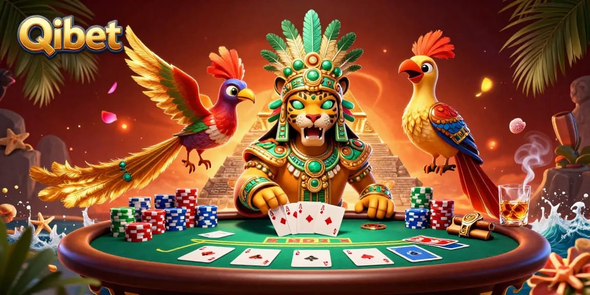 Engage with Qibet's thrilling casino scene featuring a Mayan priest and dynamic poker elements.