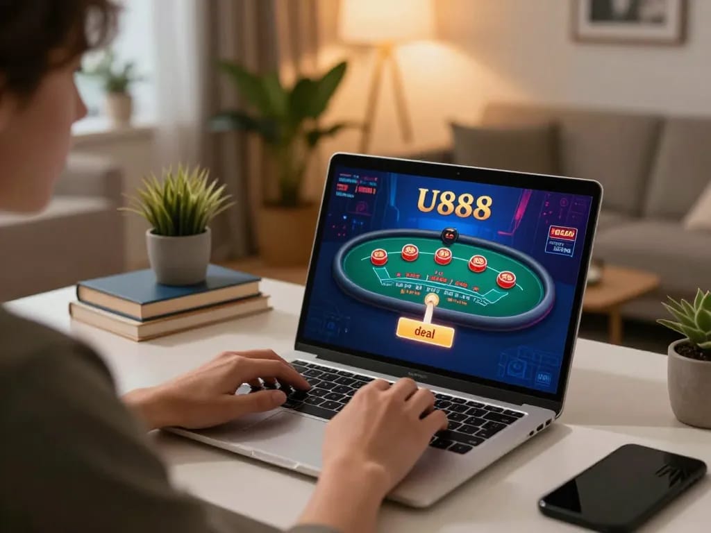 Engaging in strategic Blackjack gameplay on U888's online platform in a cozy home office.