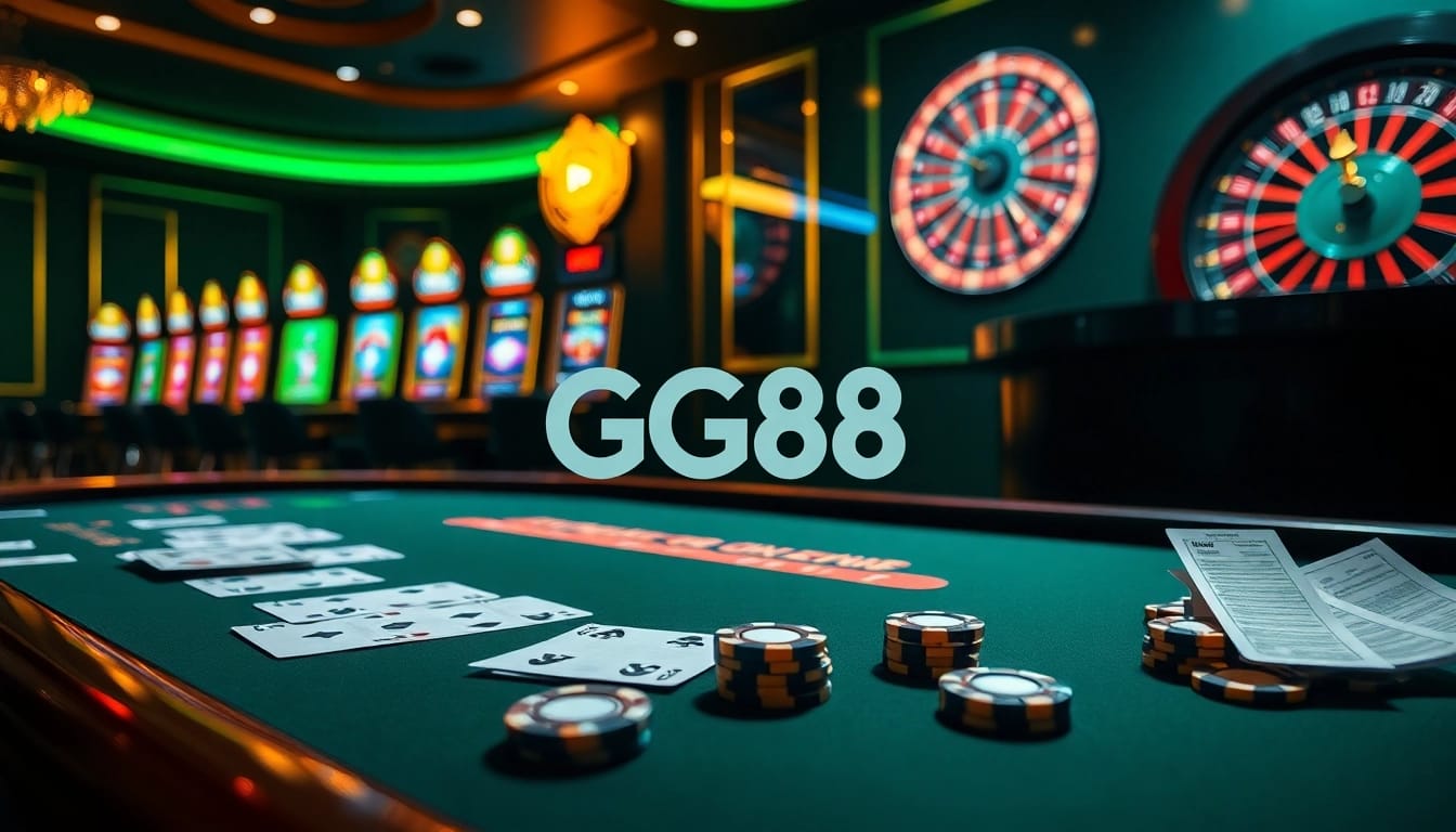 Experience the excitement of GG88 at a high-stakes poker table with vibrant slot machines.