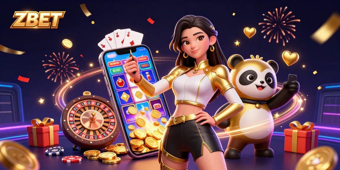 ZBET showcases exciting gameplay with vibrant casino elements and engaging characters in a festive atmosphere.