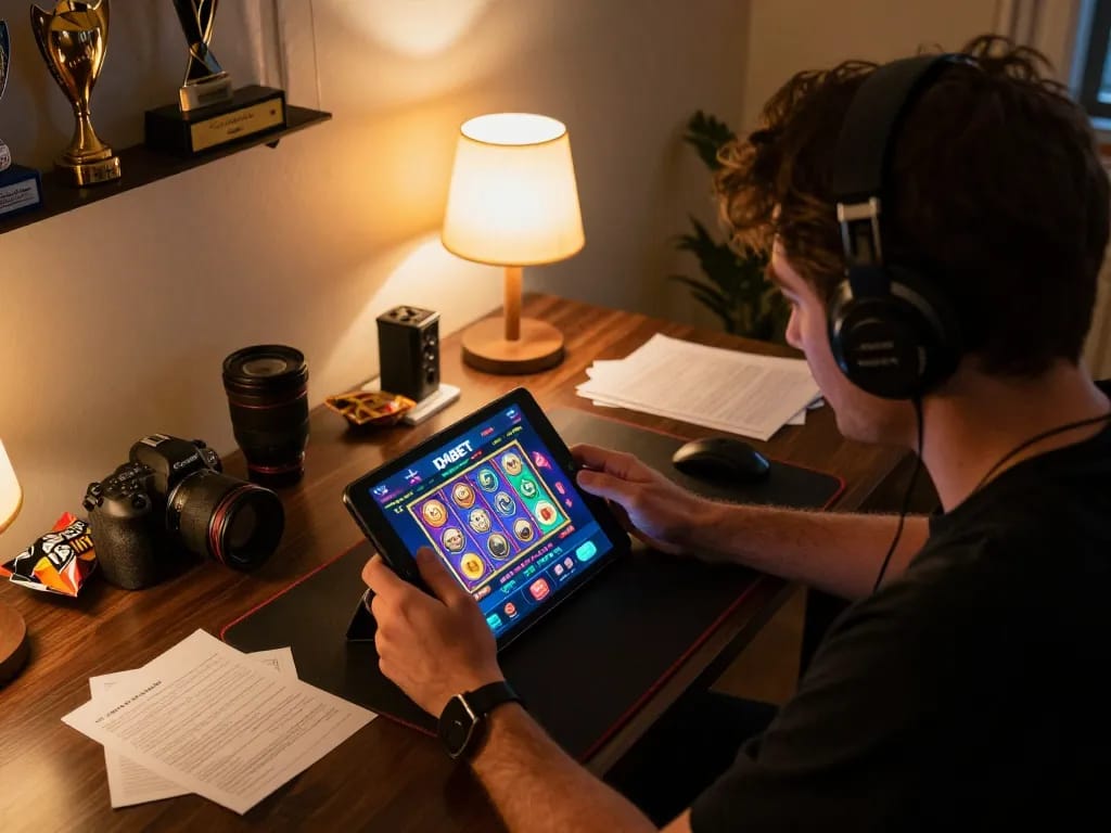DABET online casino gaming viewed on tablet, promoting strategic play in a cozy home setting.