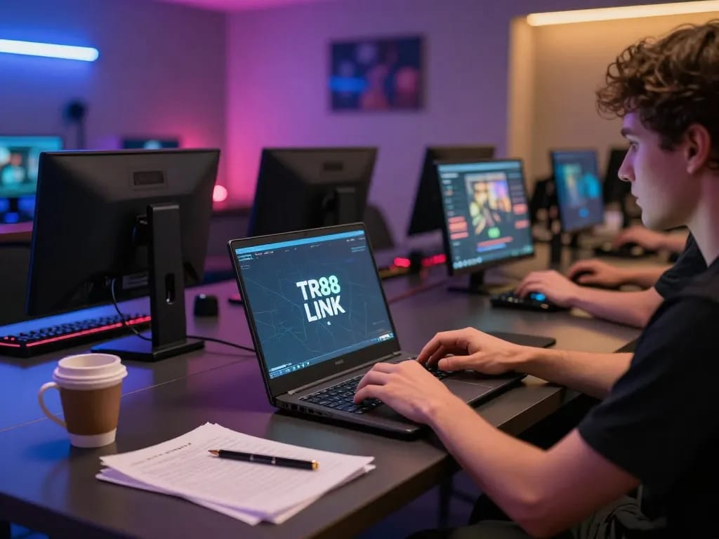 Playing casino games on TR88 link with laptop in modern gaming setup, warm lighting