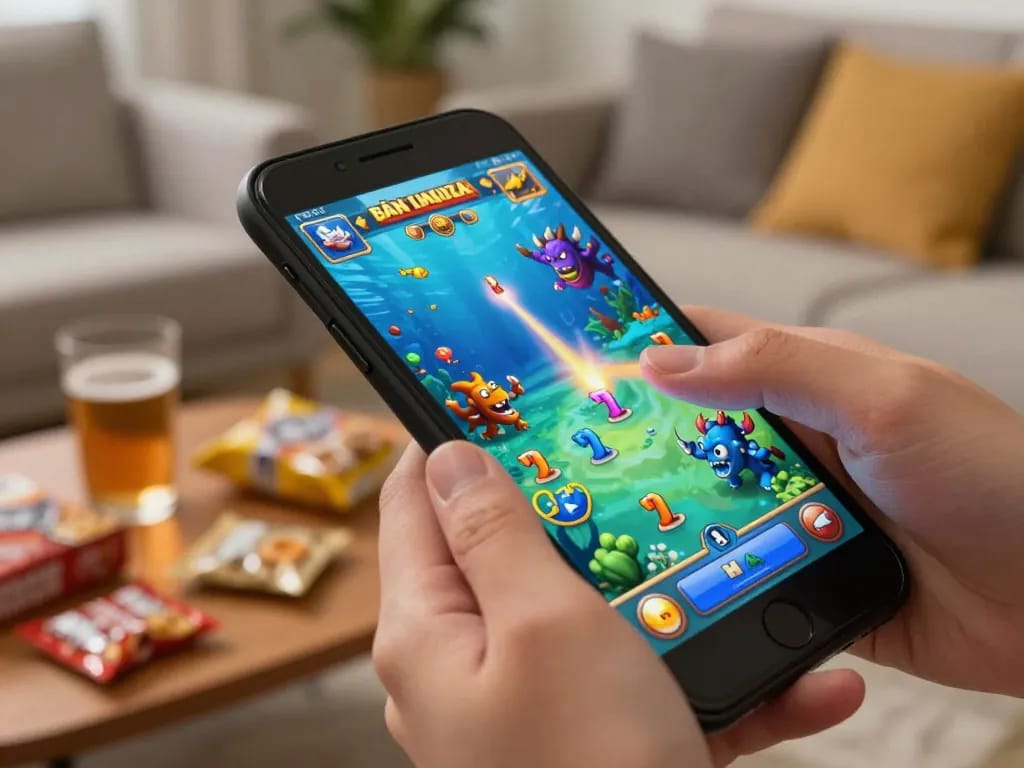 Engaging gameplay of game bắn cá đổi thưởng displayed on a mobile device with vibrant sea creatures.