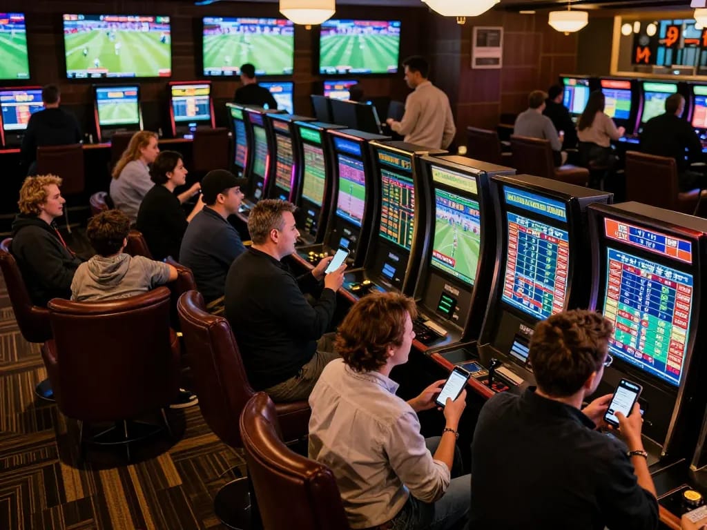 Engaging scene at 789win sports betting lounge with lively atmosphere and excited bettors analyzing games.