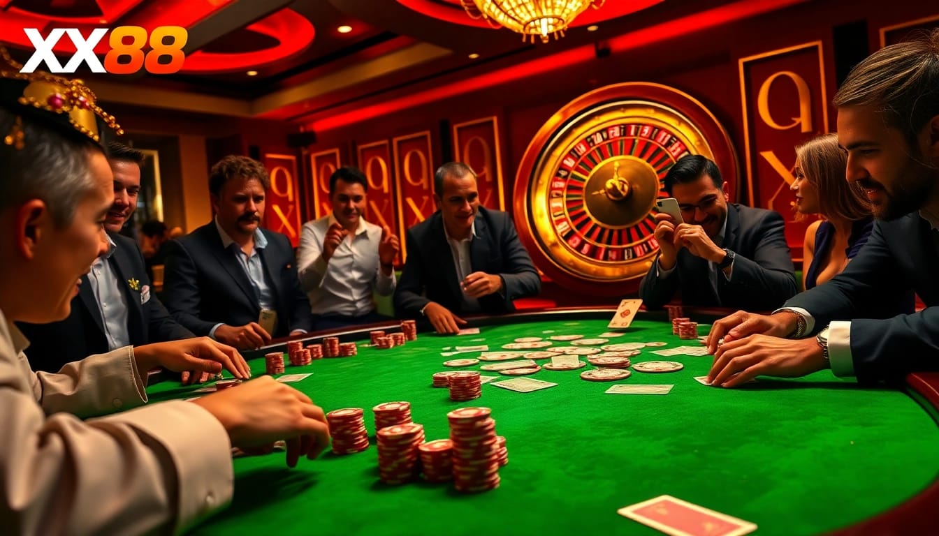 Experience the thrill of casino gaming at XX88, featuring players engaged in an intense poker game with vibrant colors.
