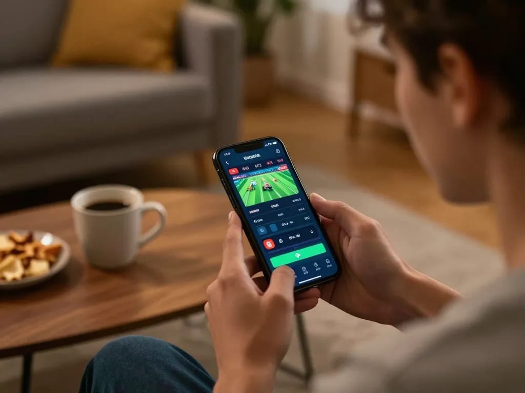 Engaging in nk88 sports betting on smartphone in cozy home setting with warm lighting