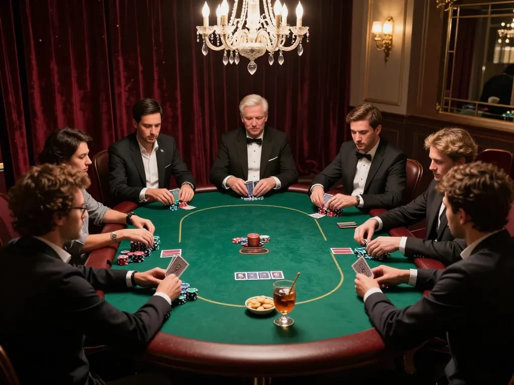 S88 poker game in upscale high-roller room showcasing players strategizing at a luxurious green felt table