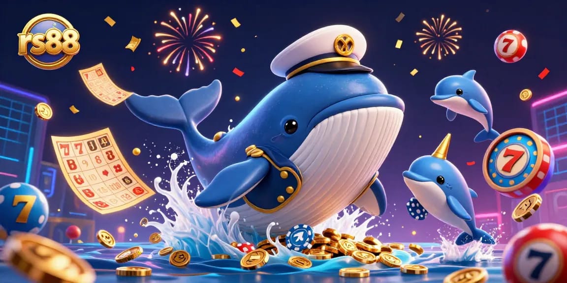 Experience thrilling moments at rs88 with a 3D whale, dolphins, and vibrant casino elements.