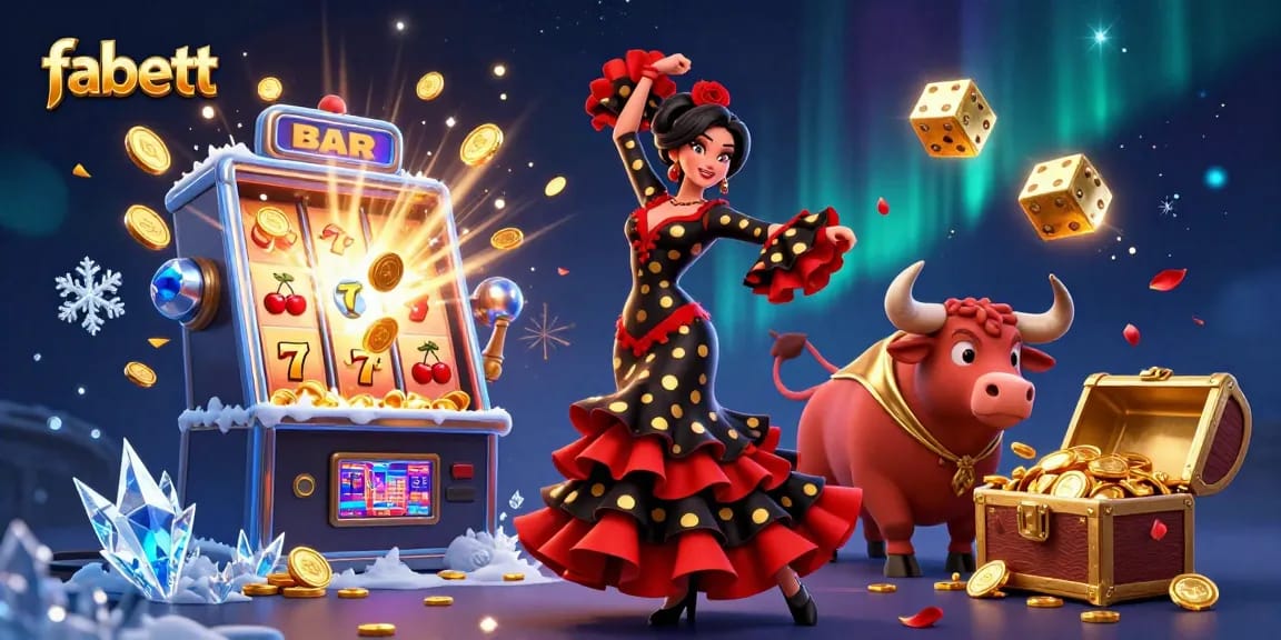fabett delivers excitement with vibrant visuals of gambling, featuring a dancing flamenco woman and a golden slot machine