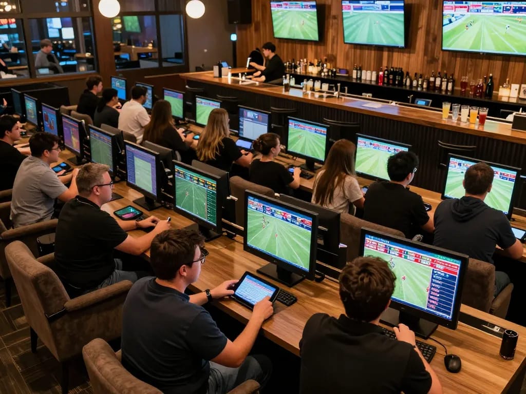 Bsport patrons engaging in dynamic sports betting conversations and placing live wagers in a vibrant lounge setting.