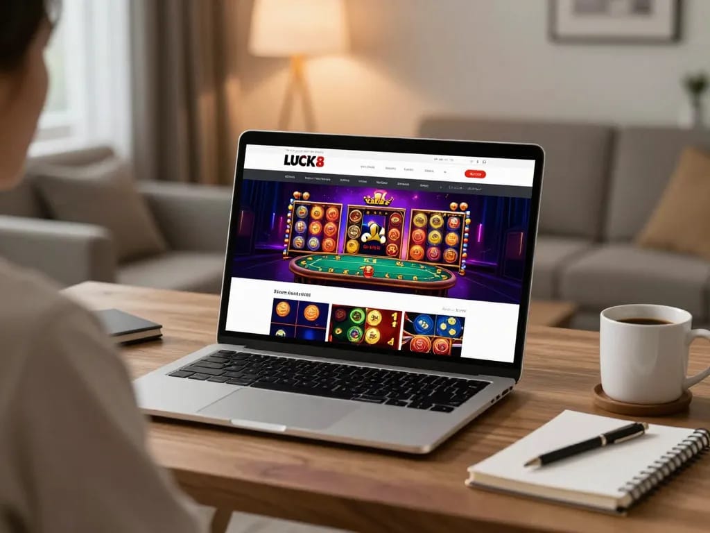 LUCK8 engaging online gaming setup showcasing vibrant games and cozy desk atmosphere