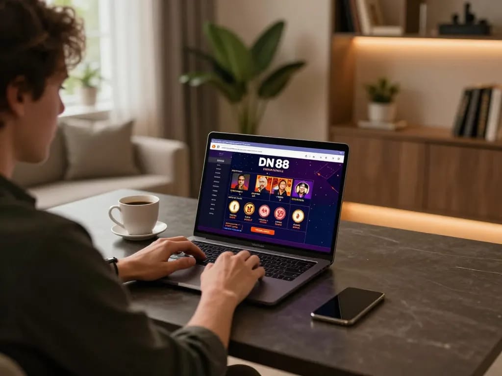 Engaging online gaming with DN 88 interface on laptop in a cozy setting, showcasing strategic play.