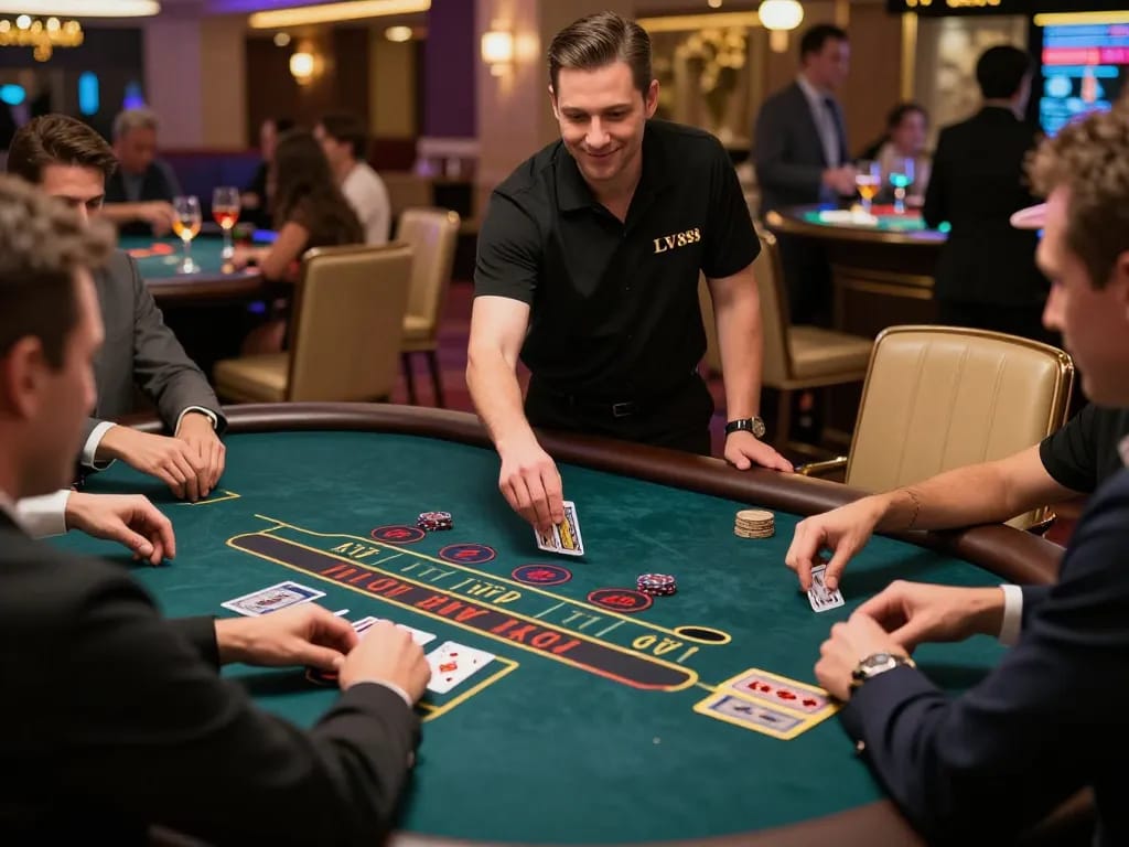 LV88 casino players strategizing at a blackjack table, capturing dynamic gaming moments and luxury atmosphere
