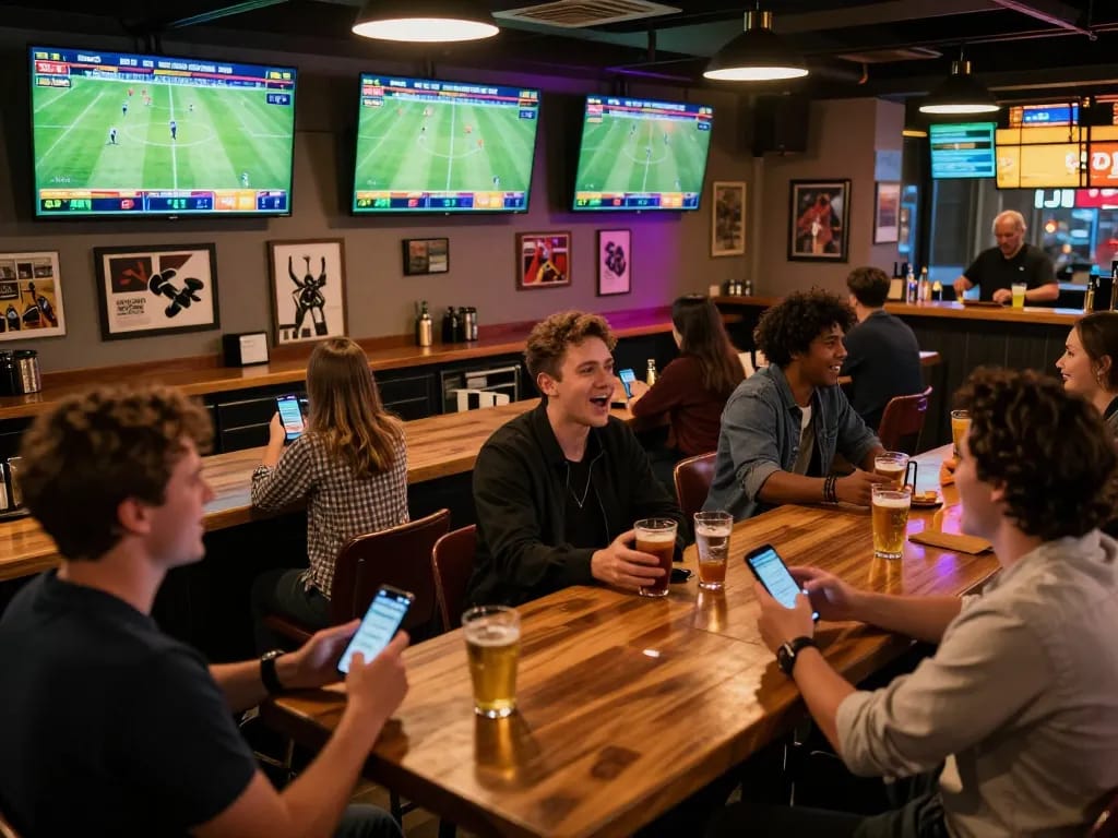 Cá Độ Bóng Đá in action with excited patrons watching multiple screens and placing bets at a lively sports bar.