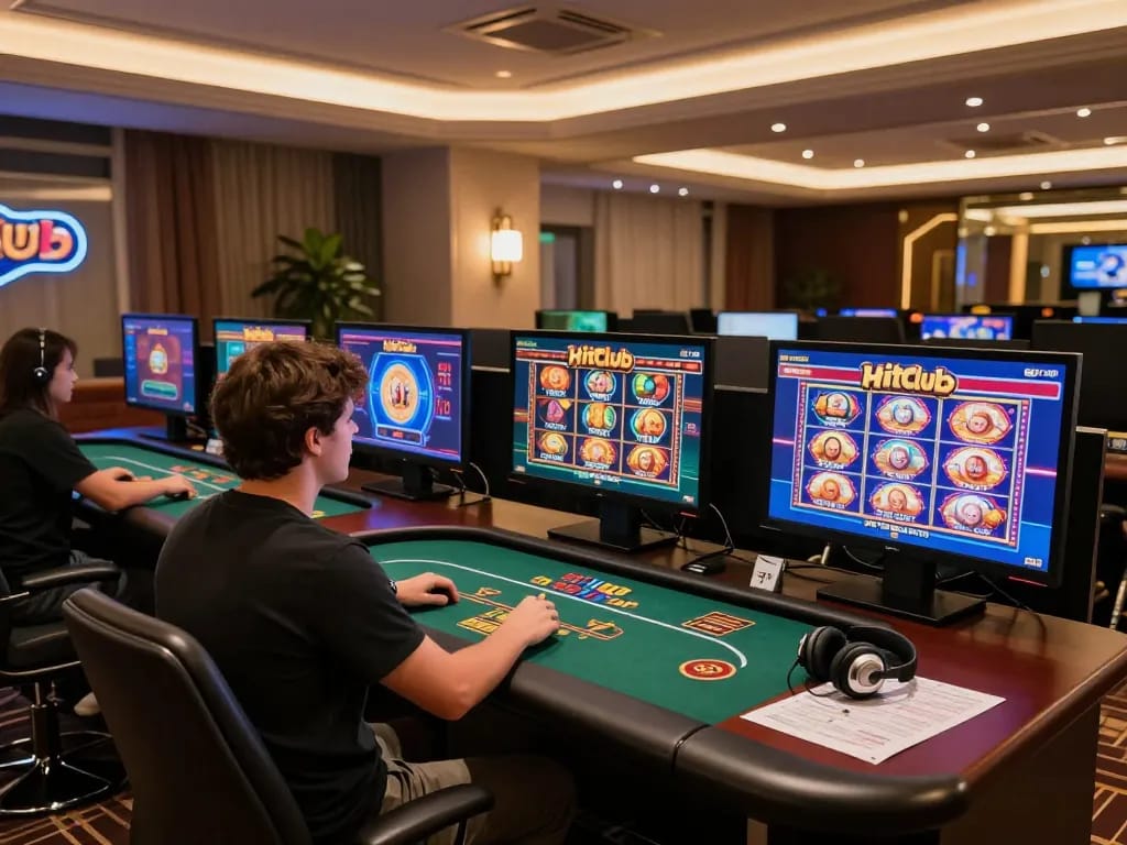 Player enjoying online games at Hitclub with multiple screens displaying exciting slot games in a modern setup.