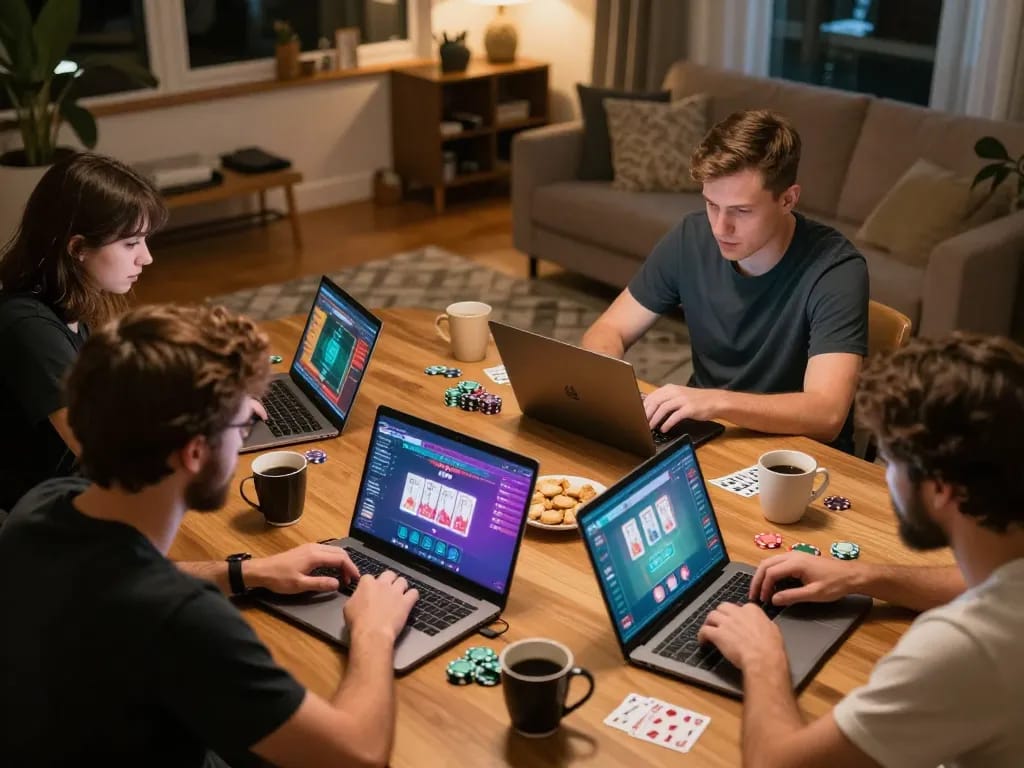 Players immersed in nagapoker gameplay at home, showing excitement and strategic focus on laptops