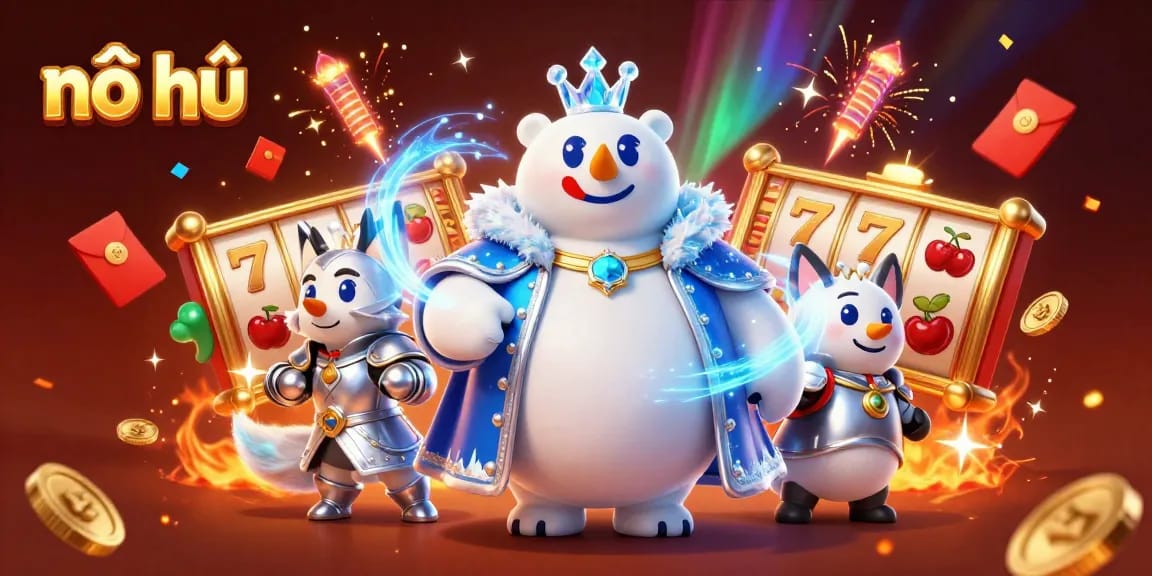 Experience the thrill of nổ hũ with dynamic slot reels and festive symbols in a vibrant casino scene.