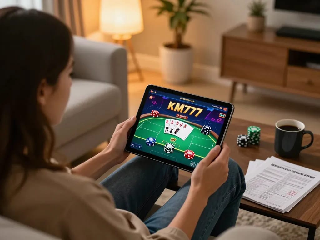 Person enjoying KM777 poker game on tablet in cozy home atmosphere