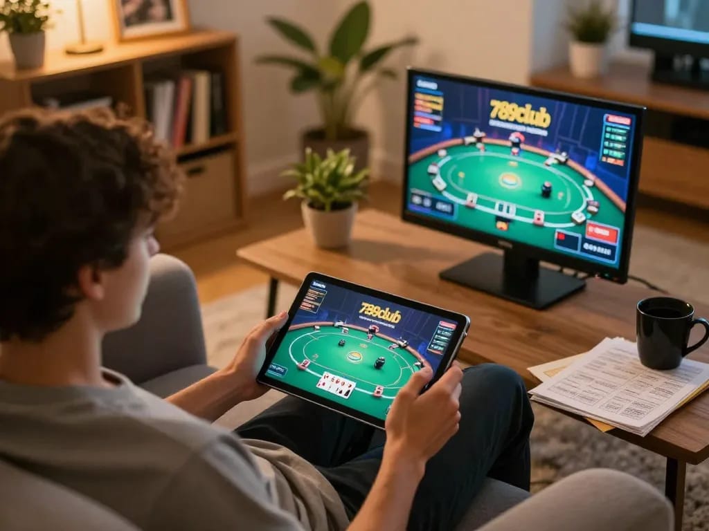 Engaging online gaming scene on 789club with a player using a tablet for poker, cozy atmosphere.