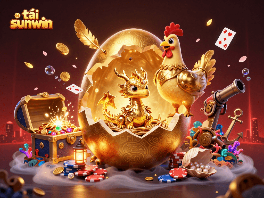 Engage in thrilling gameplay with tải sunwin, featuring a golden dragon and floating poker chips.