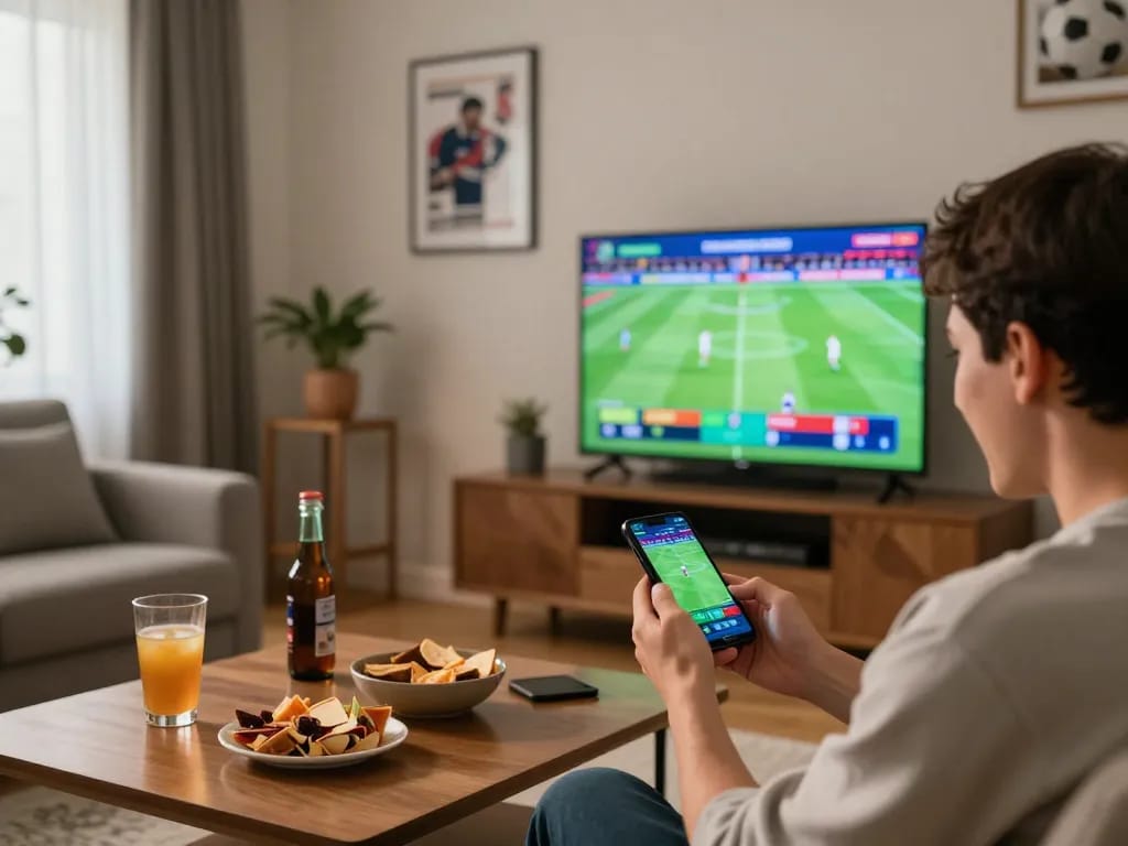 Engaging sports betting experience at home, featuring keo nha cai on smartphone during live game.