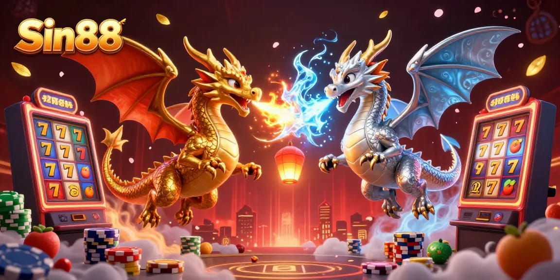Sin88 showcases twin dragons amidst vibrant slots, capturing a dynamic gambling scene full of excitement.