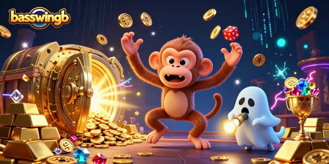 Experience the excitement of basswingb with a vivid casino scene featuring a mischievous ghost and treasures.