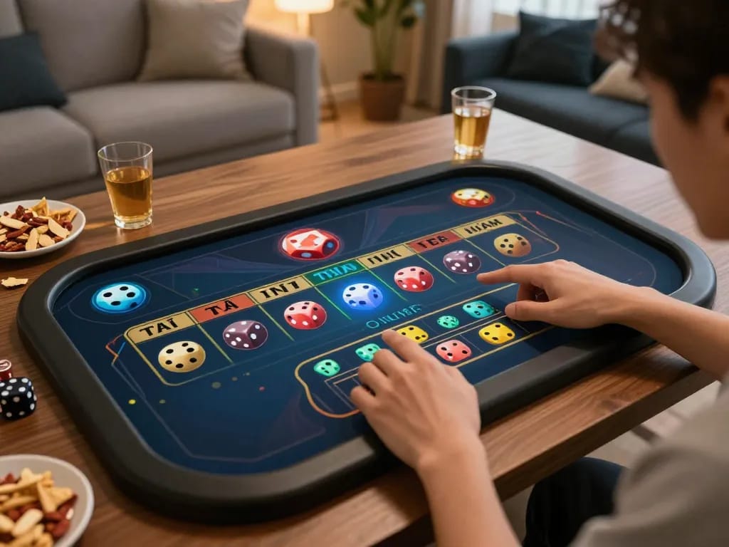 Engaging in Tài Xỉu Online, a player celebrates a win while using a mobile app in a cozy home setting.