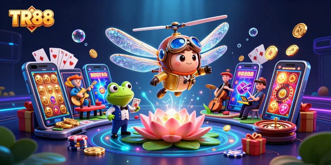 Experience thrilling gameplay at TR88 as a frog croupier deals cards amidst vibrant casino elements.