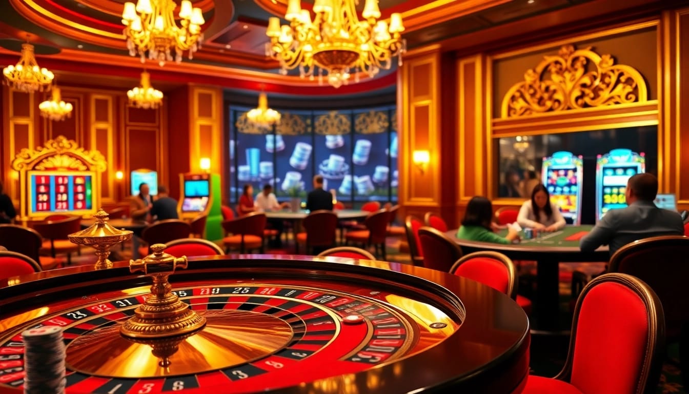 Experience the excitement of ZX88 WIN with a luxurious casino scene showcasing roulette and poker tables filled with eager players.