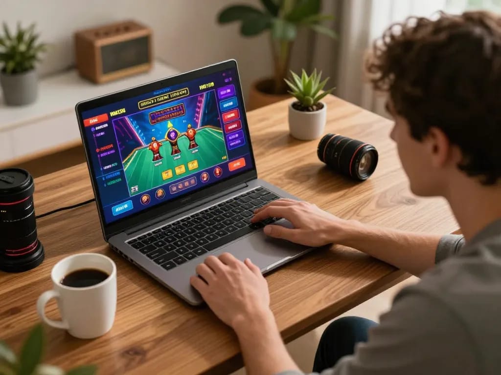 Player enjoying live dealer game on laptop at home, showcasing the excitement of alo8 gaming.