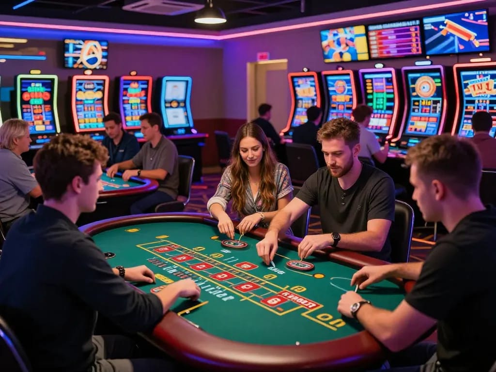 Engaged players enjoying diverse games at SC88 https://sc88e.com/ casino, vibrant atmosphere enhanced by LED lighting.