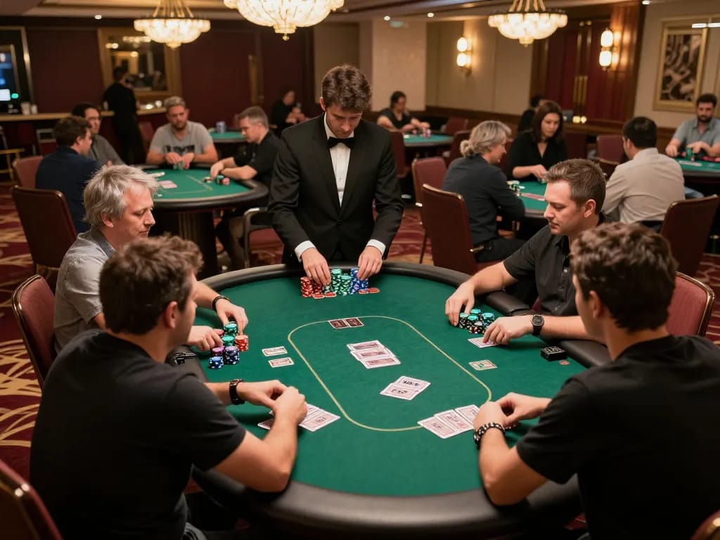 Players engaged in strategic gameplay at SV88 poker tables in a luxury casino atmosphere