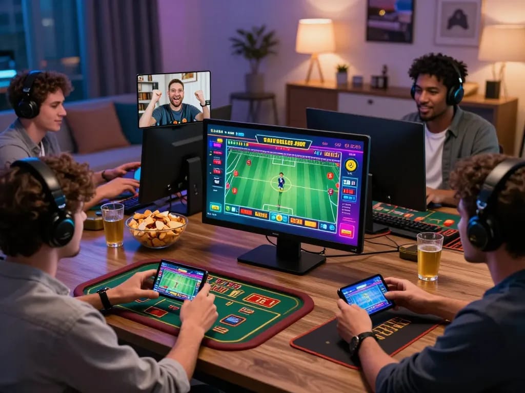 Exciting online gaming scene with players enjoying GI8 casino games, capturing dynamic interactions in a lively home setting.