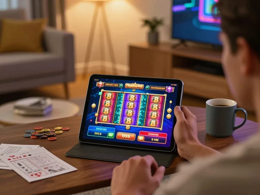 Nohu90 player strategizing online casino games in a cozy home setting