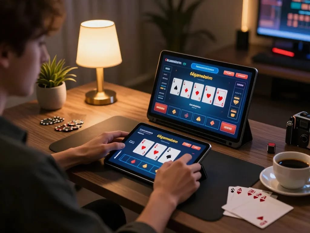 Engaging in exciting online poker game at 68gamebaivn, showcasing gaming setup and strategy notes.