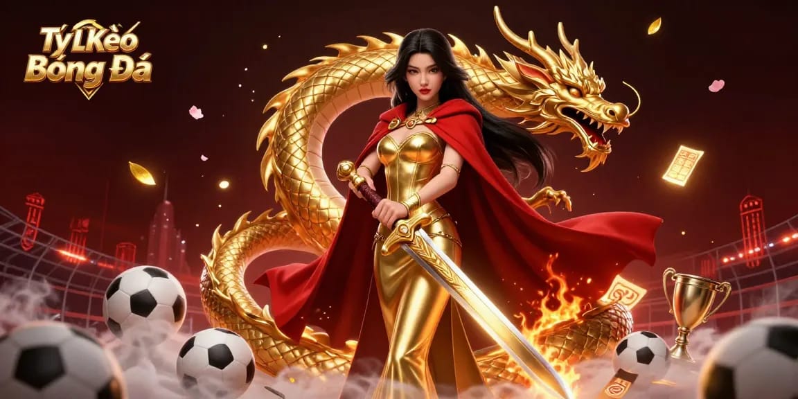 Tỷ Lệ Kèo Bóng Đá showcases a warrior queen gambling on sports with vibrant effects and dynamic elements.