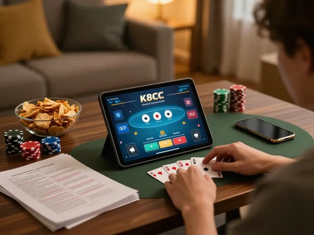 K8CC player enjoying a dynamic poker session on a tablet in a cozy home setting