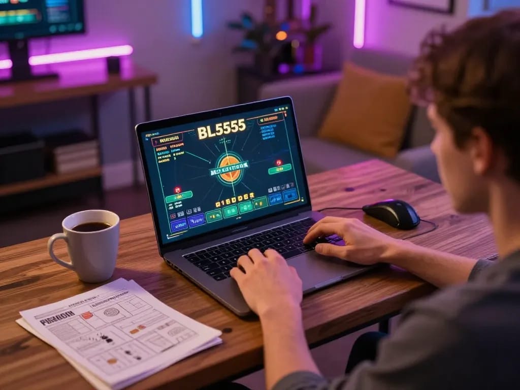 Player navigating BL5555 online casino platform on laptop with strategic notes, showcasing engaging gameplay