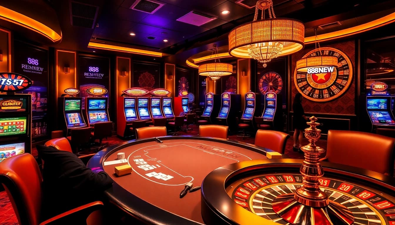 Players engaging in thrilling games at 888NEW casino, showcasing luxurious atmosphere.