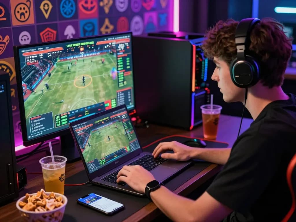 Exciting gaming atmosphere at https://okwin68.net/ with a young adult engaged in live sports betting, vibrant colors, and Okwin app on smartphone.