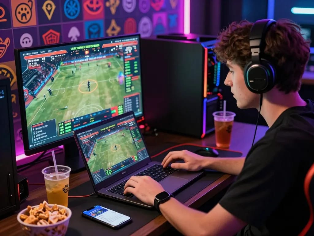 Exciting gaming atmosphere at https://okwin68.net/ with a young adult engaged in live sports betting, vibrant colors, and Okwin app on smartphone.