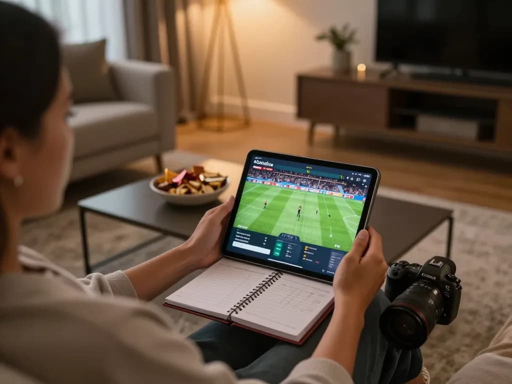 Socolive user engaged in online football streaming on a tablet in a cozy home setting