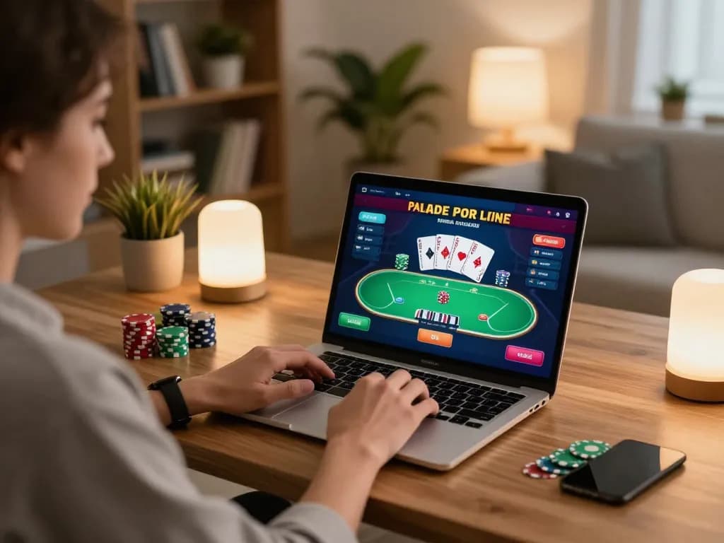 Engaging gameplay experience at Onbet online casino with user at laptop and poker interface