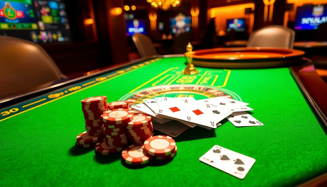 98win trang chủ casino gaming table with cards and chips, capturing excitement and luxury.