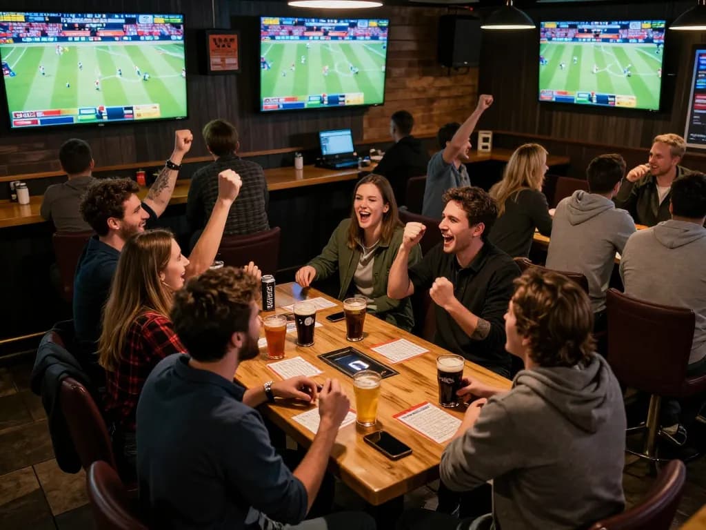 Patrons enjoying thrilling sports betting at Trang chủ 8LIVE in a lively sports bar atmosphere.