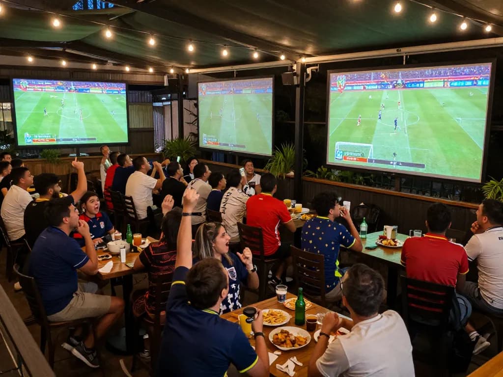 Watch trực tiếp bóng đá vòng loại world cup live at a bustling sports bar with fans cheering.