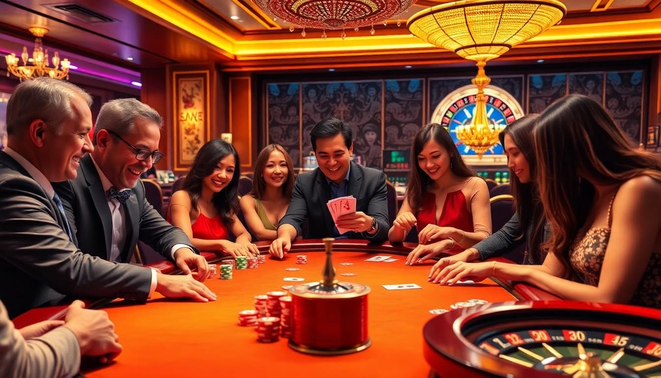 Players enjoy an exciting poker game at 789bet casino, showcasing vibrant chips and elite ambiance.