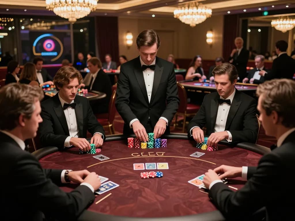 Jun88 players engaging in high-stakes poker surrounded by luxury in a vibrant casino atmosphere.